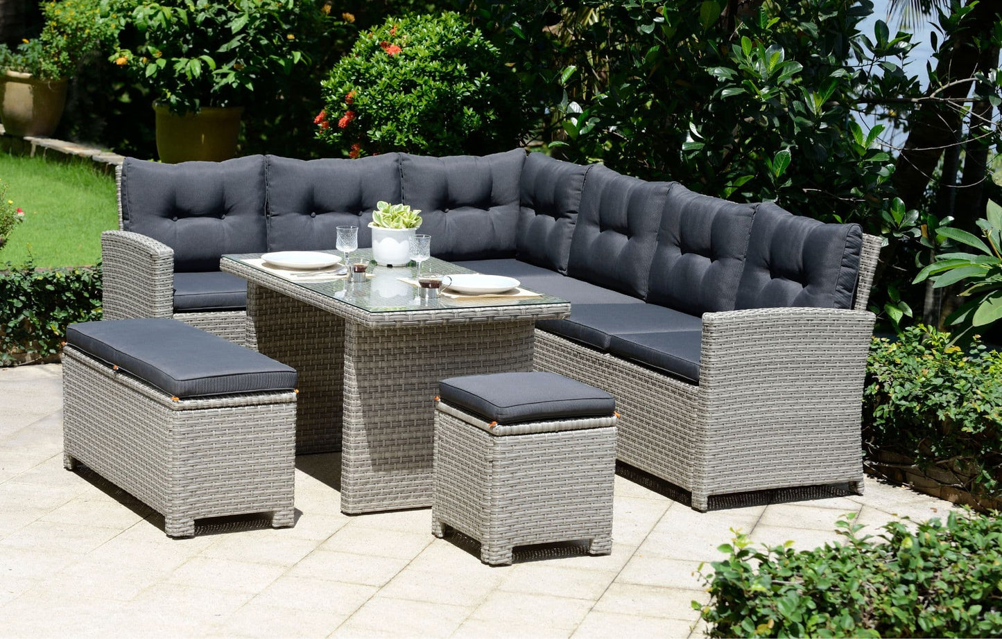 Barcelona 9 Seater Black Lounge Rattan Set with Cushions - MINT Outdoor