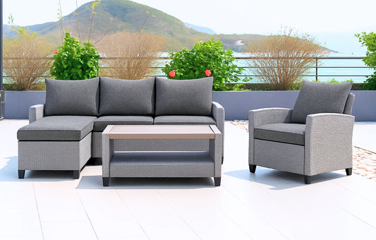 Stockholm Rattan Grey 4 Seater Garden Chaise Lounge Set with Armchair - MINT Outdoor