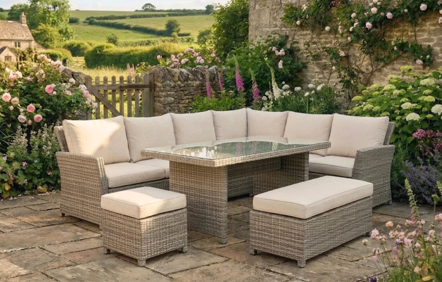 Palma Beige Corner Rattan Casual Garden Dining and Lounge Set 9 Seater