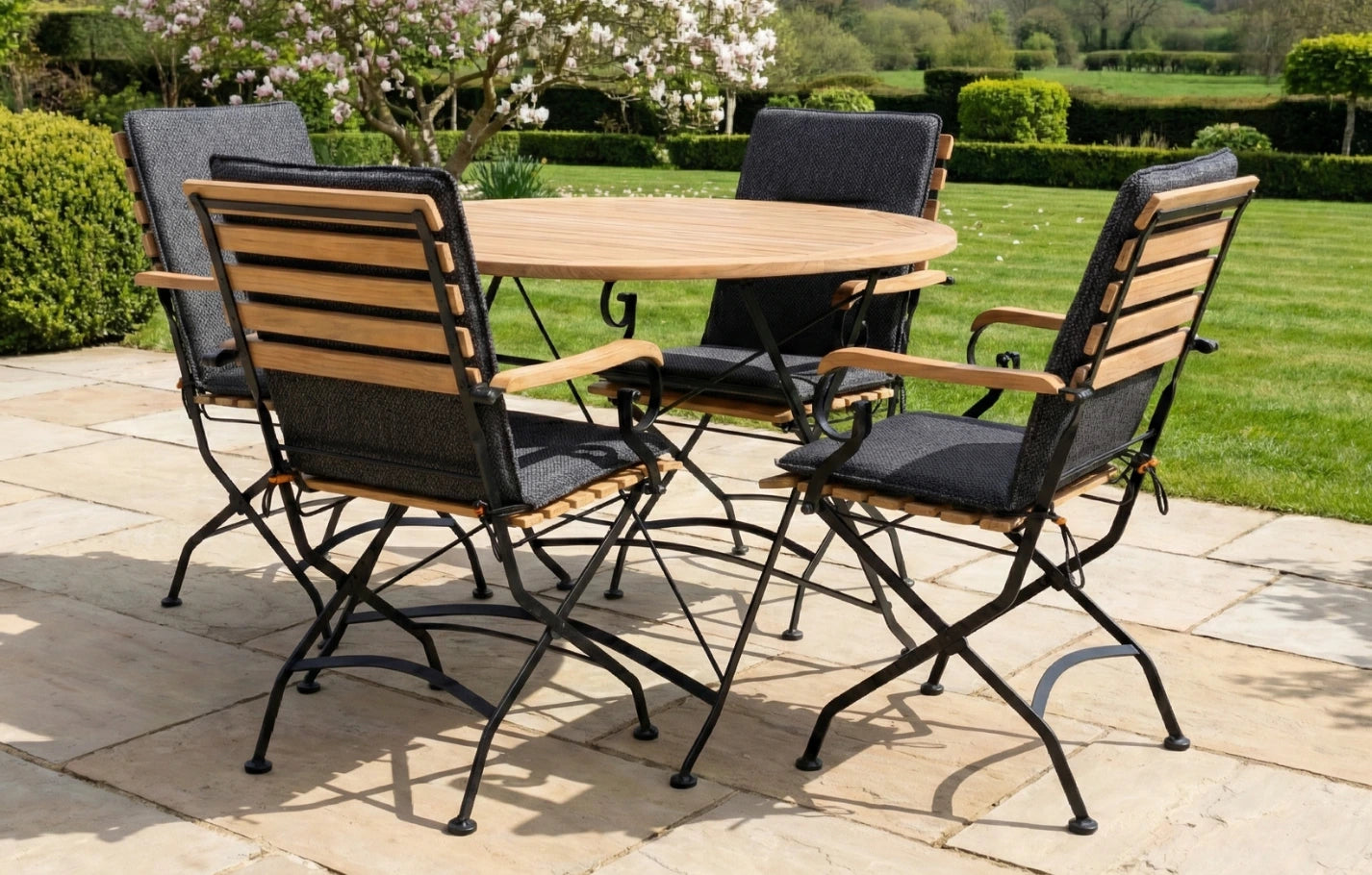 Sicily 4 Seater Teak and Wrought Iron Round 110cm Garden Dining Set - MINT Outdoor