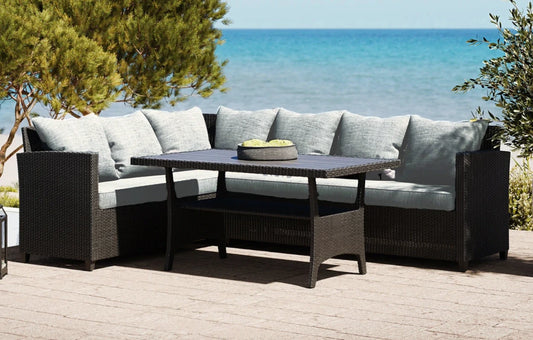 Stockholm 6 Seater Black Rattan Corner Garden Dining and Lounge Set - MINT Outdoor