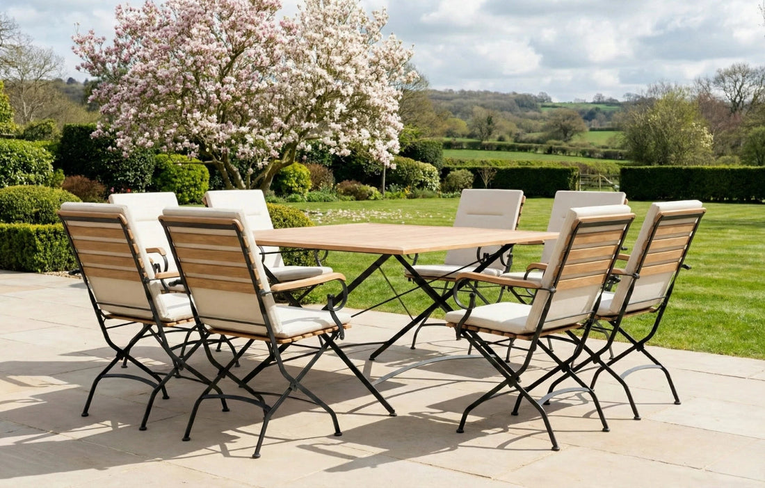 Outdoor seating with wood and metal furniture set in a lush garden patio, ideal for relaxation and gatherings.