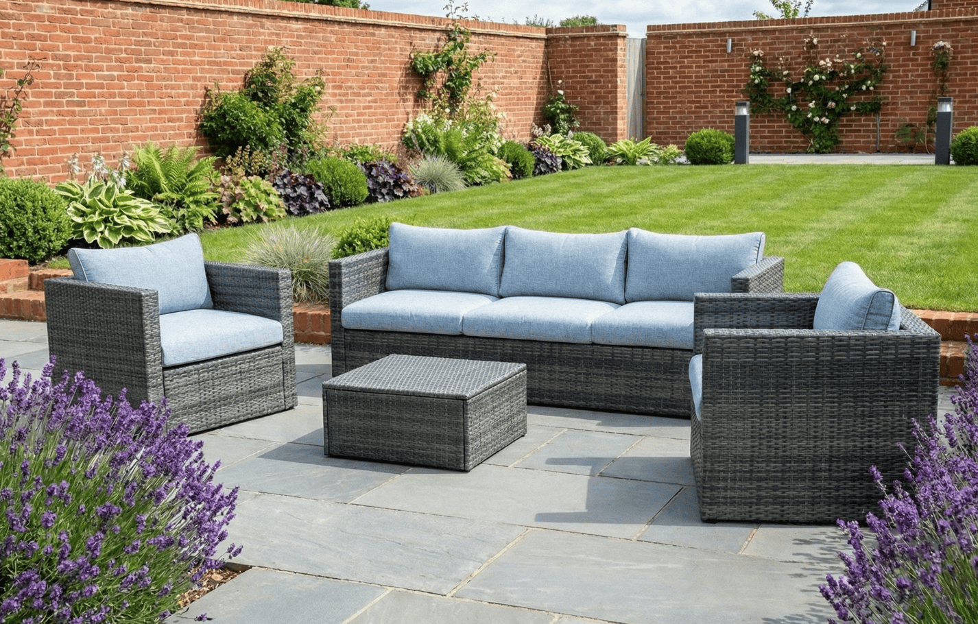 Lima 5 Seater Polyrattan Garden Sofa Set Bundle Armchair Coffee Table & Protective Cover