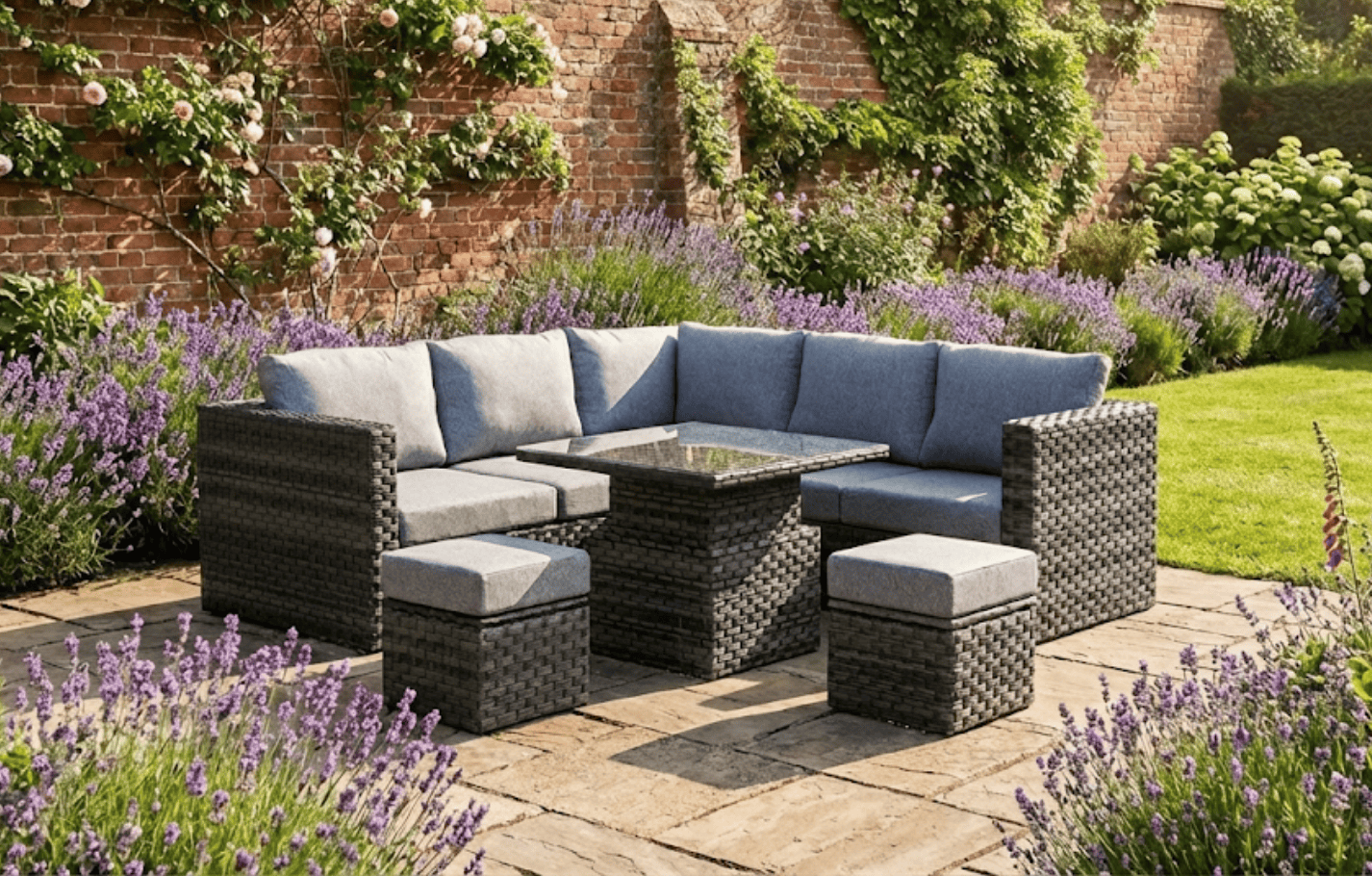 Lima 7 Seater Rattan Garden Corner Sofa Set Height Adjustable Table Stools & Protective Cover