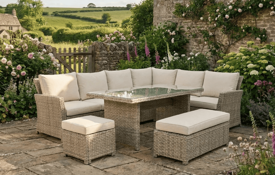Palma Beige Corner Rattan 9 Seater Garden Dining Lounge Set and Protective Cover Bundle