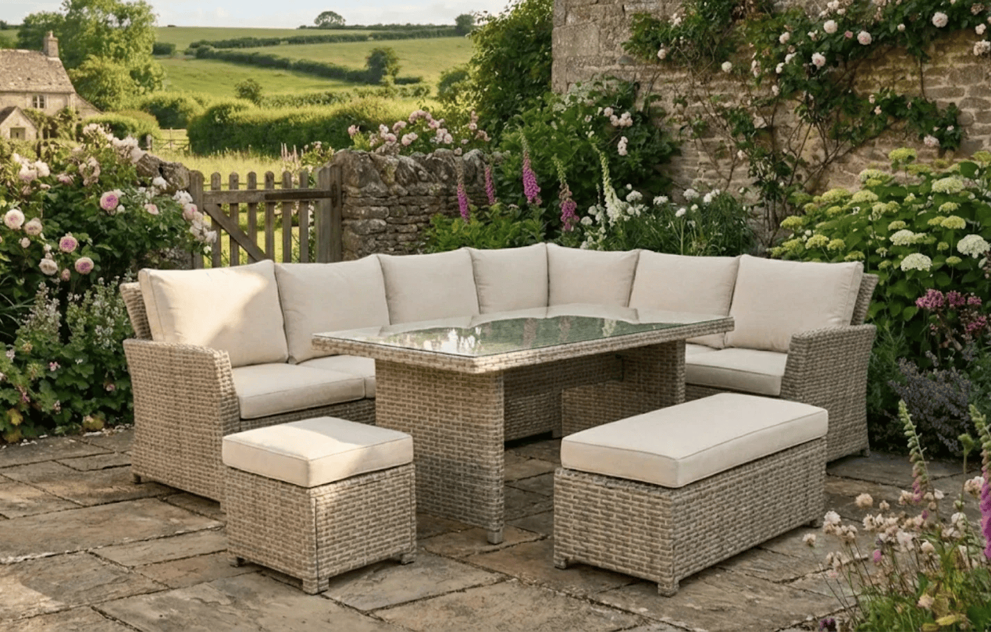 Palma Beige Corner Rattan 9 Seater Garden Dining Lounge Set and Protective Cover Bundle - MINT Outdoor
