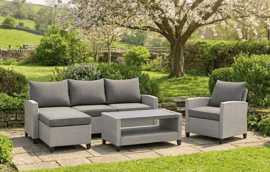 Stockholm Rattan Grey 4 Seater Garden Chaise Lounge Set and Cover Bundle