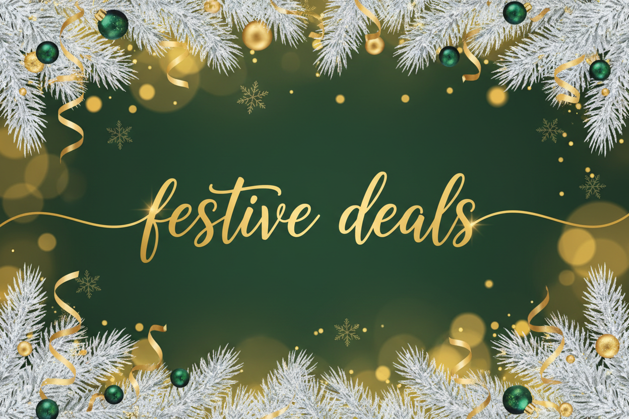 a promotional Christmas image featuring the phrase 'festive deals'. It should be seasonal yet sophisticated