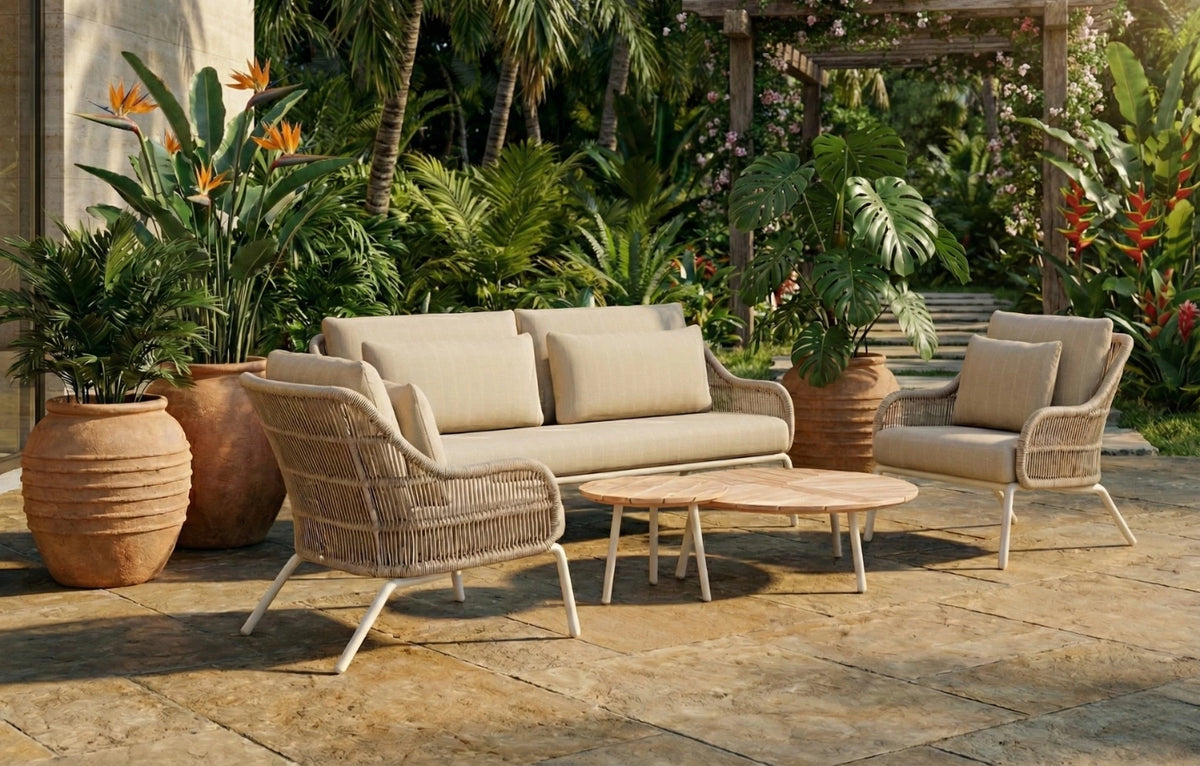 Cora 5 Seater Woven Rope & Aluminium Garden Sofa Set Round Coffee Tables