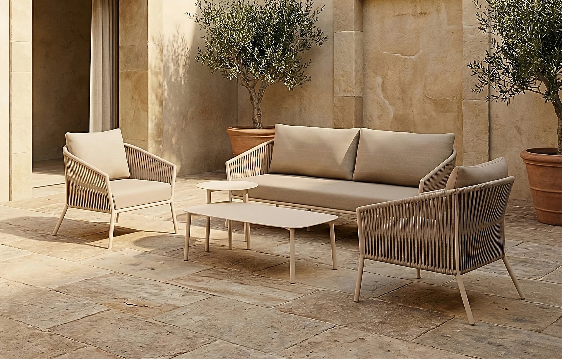 Darcy 5 Seater Woven Rope & Aluminium Garden Sofa Set Armchairs Coffee Tables