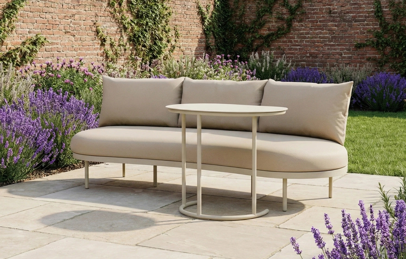 Kiki Beige 3-Seater Curved Garden Sofa and Coffee Table