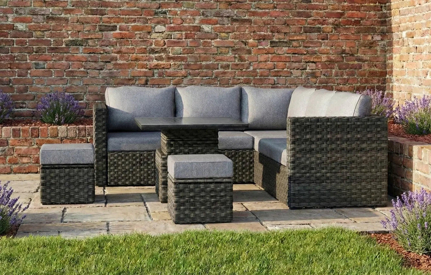 Lima 7 Seater Rattan Grey Garden Sofa Set With Sools and Up-Down Table
