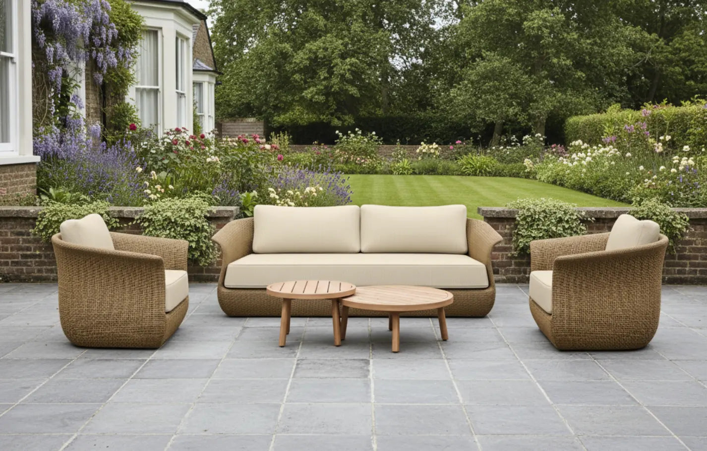 Linden Rattan 5 Seater Outdoor Sofa & Armchair Set Teak Coffee Tables