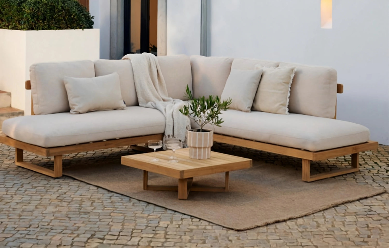 Malai 5 Seater Luxury Beige Wooden Corner Garden Set - MINT Outdoor