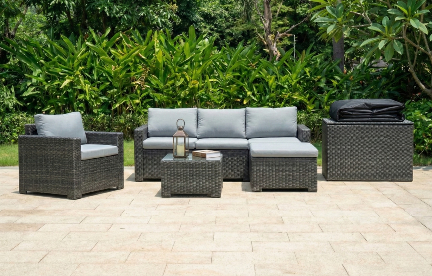 Marbella Grey 5 Seater Chaise Garden Sofa Set, Cover and Cushion Box Bundle