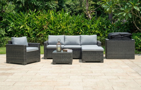 Marbella Grey 5 Seater Chaise Garden Sofa Set, Cover and Cushion Box Bundle