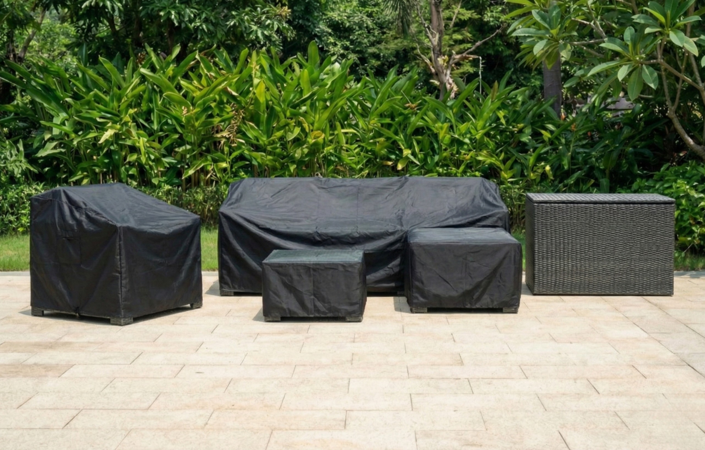 Marbella Grey 5 Seater Chaise Garden Sofa Set, Cover and Cushion Box Bundle