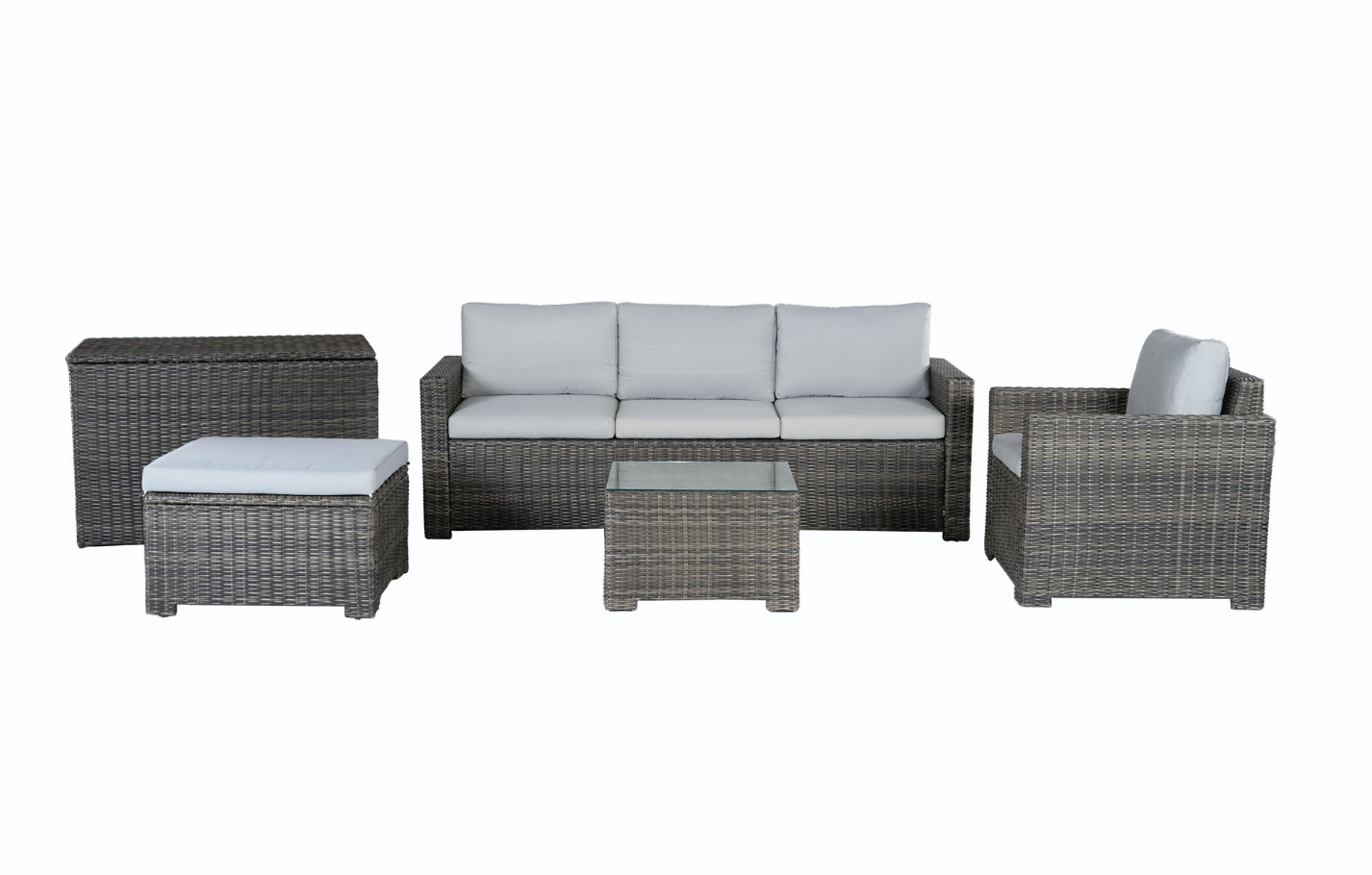 Marbella Grey 5 Seater Chaise Garden Sofa Set, Cover and Cushion Box Bundle