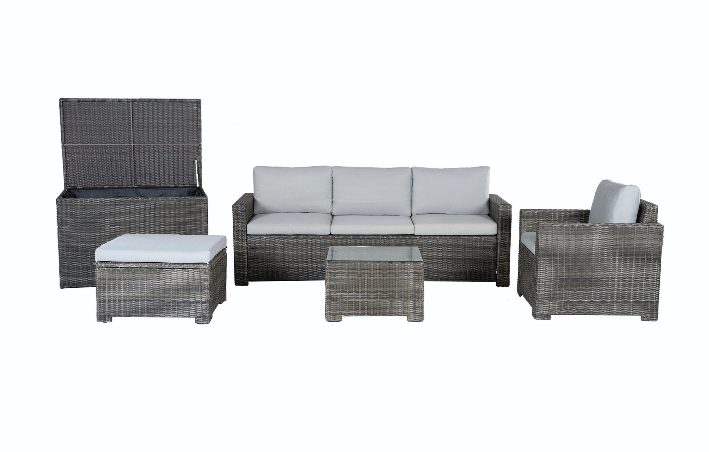 Marbella Grey 5 Seater Chaise Garden Sofa Set, Cover and Cushion Box Bundle