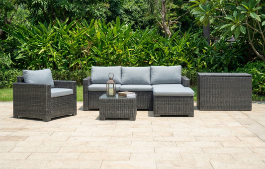 Marbella Grey 5 Seater Chaise Garden Sofa Set and Cushion Box Bundle