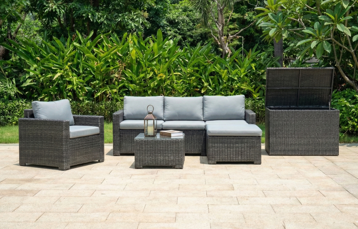 Marbella Grey 5 Seater Chaise Garden Sofa Set and Cushion Box Bundle