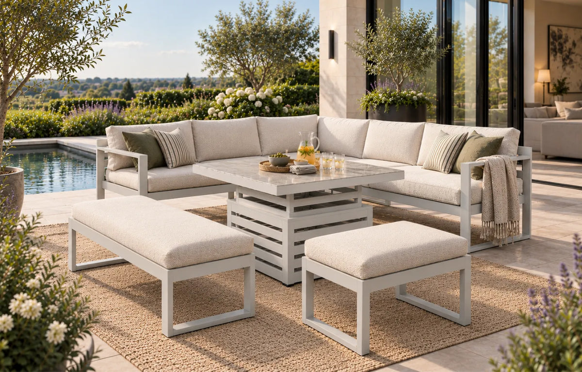 Orlando 8 Seater Aluminium Garden Sofa Luxury Lounge Set With Up-Down Glass Table