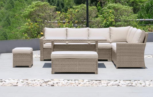 Palma Beige Corner Rattan Casual Garden Dining and Lounge Set 9 Seater