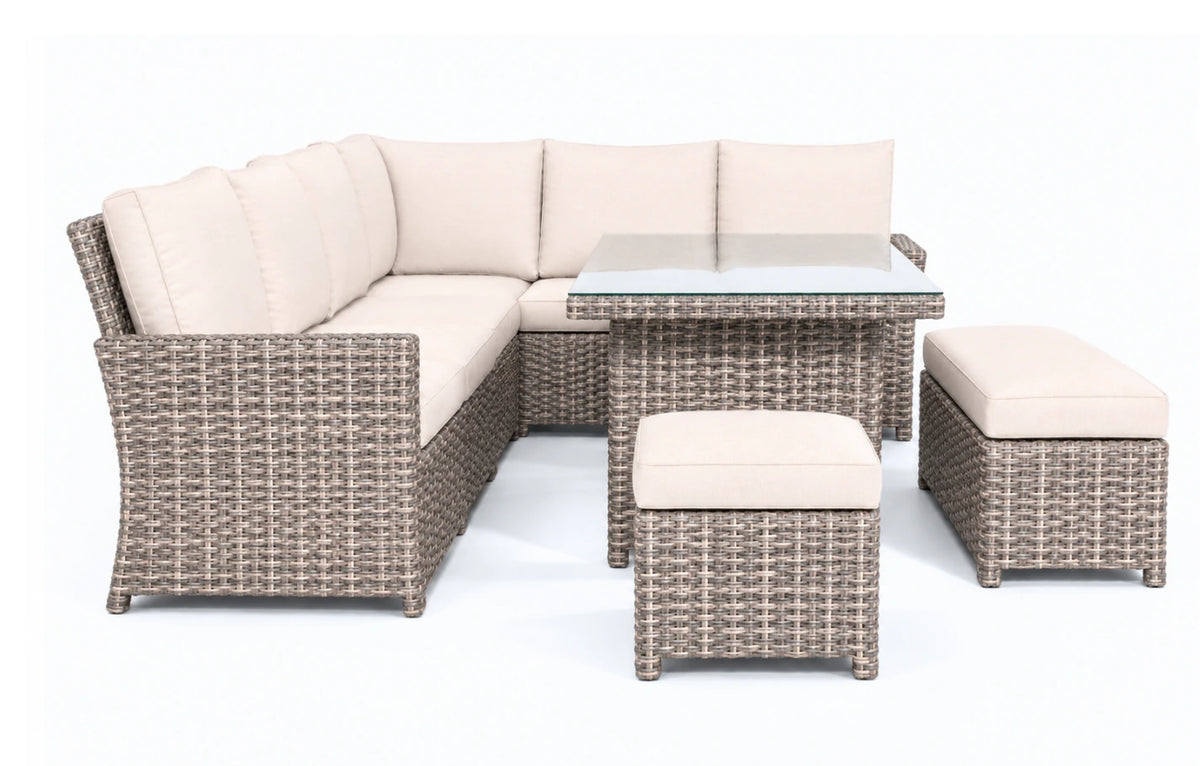 Palma Beige Corner Rattan 9 Seater Garden Dining Lounge Set and Protective Cover Bundle