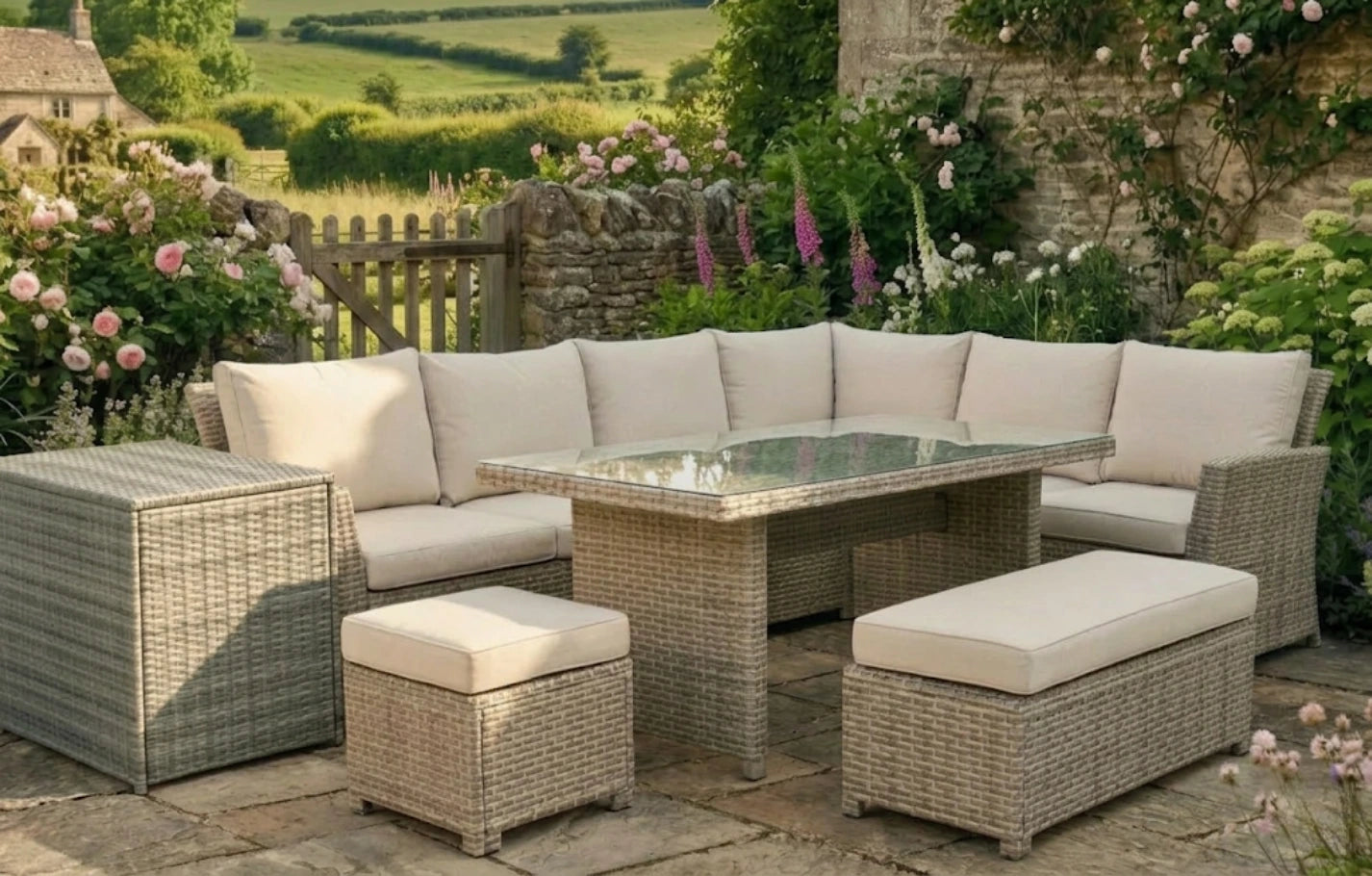 Palma Beige Corner Rattan 9 Seater Garden Dining Lounge Set and Cushion Storage Box Bundle - MINT Outdoor