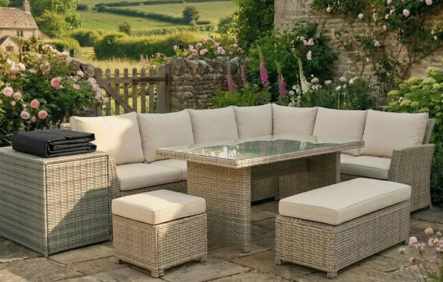 Palma Beige Corner Rattan 9 Seater Garden Dining Lounge Set, Protective Cover and Cushion Storage Box Bundle - MINT Outdoor