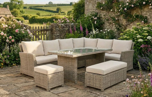 Palma Beige Corner Rattan Casual Garden Dining and Lounge Set 9 Seater - MINT Outdoor