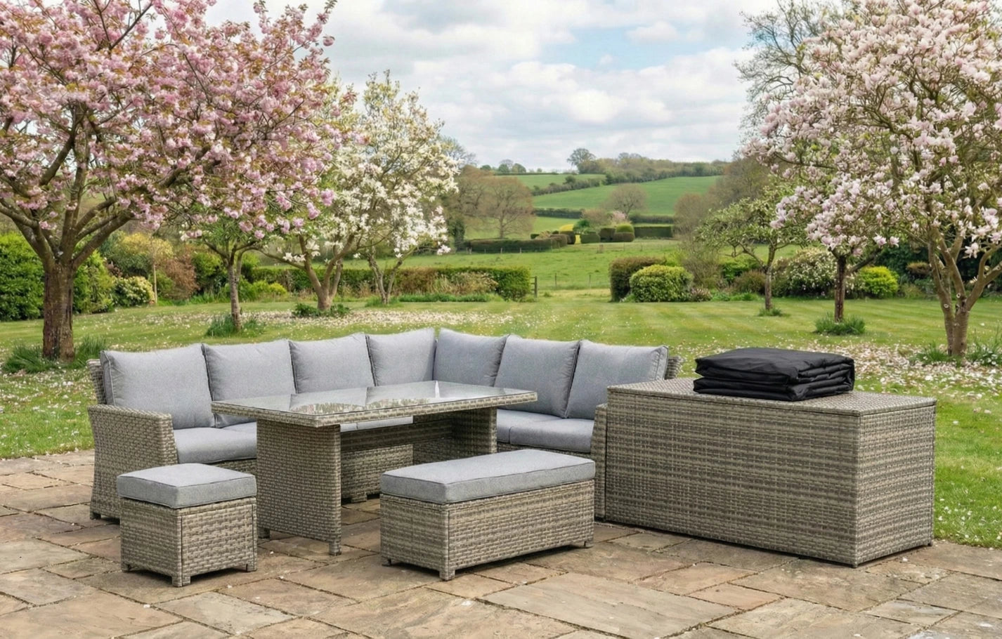 Palma Rattan Garden Lounge Set Cover Cushion Box Bundle