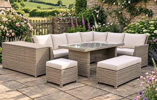 Palma Beige Corner Rattan 9 Seater Garden Dining Lounge Set and Cushion Storage Box Bundle