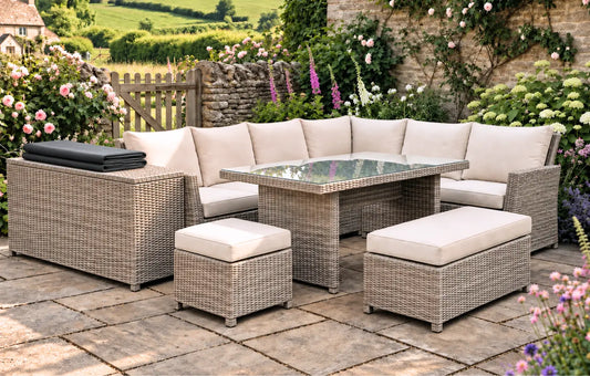 Palma Beige Corner Rattan 9 Seater Garden Dining Lounge Set, Protective Cover and Cushion Storage Box Bundle
