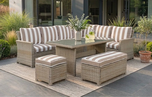 Palma Brown Striped Corner Rattan Casual Garden Dining and Lounge Set 9 Seater