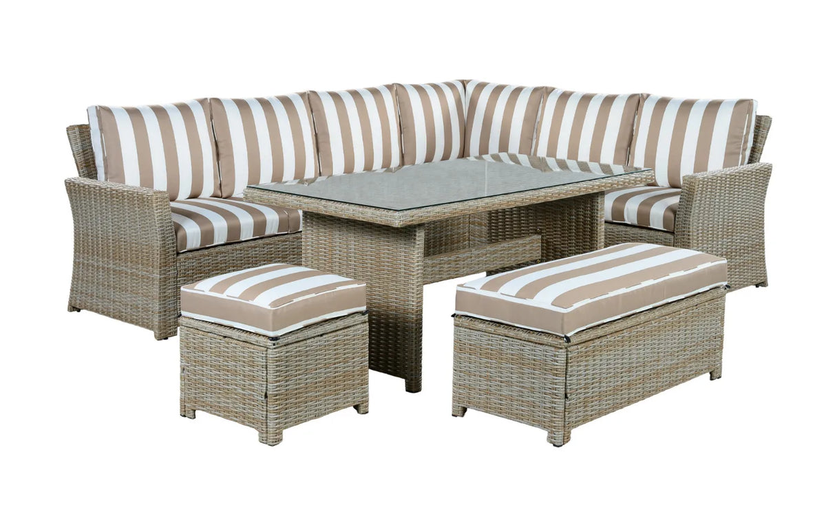 Palma Brown Striped Corner Rattan Garden Lounge Set and Cover Bundle