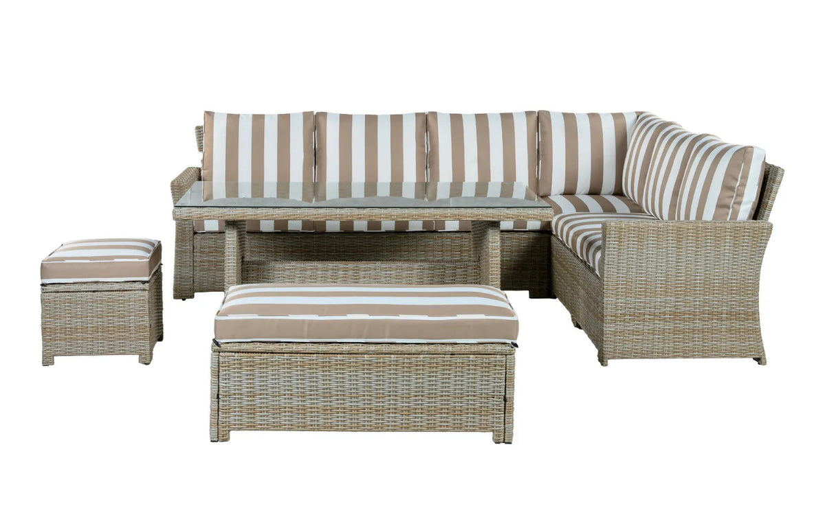 Palma Brown Striped Corner Rattan Garden Lounge Set and Cover Bundle