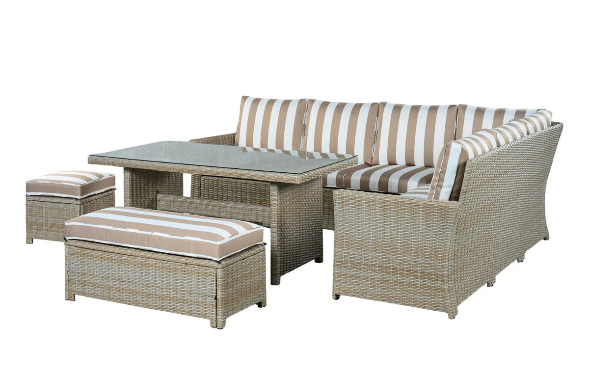 Palma Brown Striped Corner Rattan Garden Lounge Set and Cover Bundle
