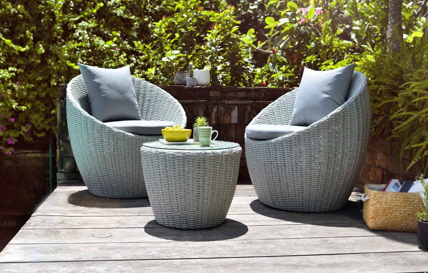 Pod 2 Seater Round Rattan Bistro Garden Set Balcony Cushions & Glass Table