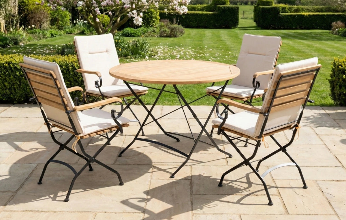 Sicily 4 Seater Teak Wrought Iron Round 110cm Garden Dining Set