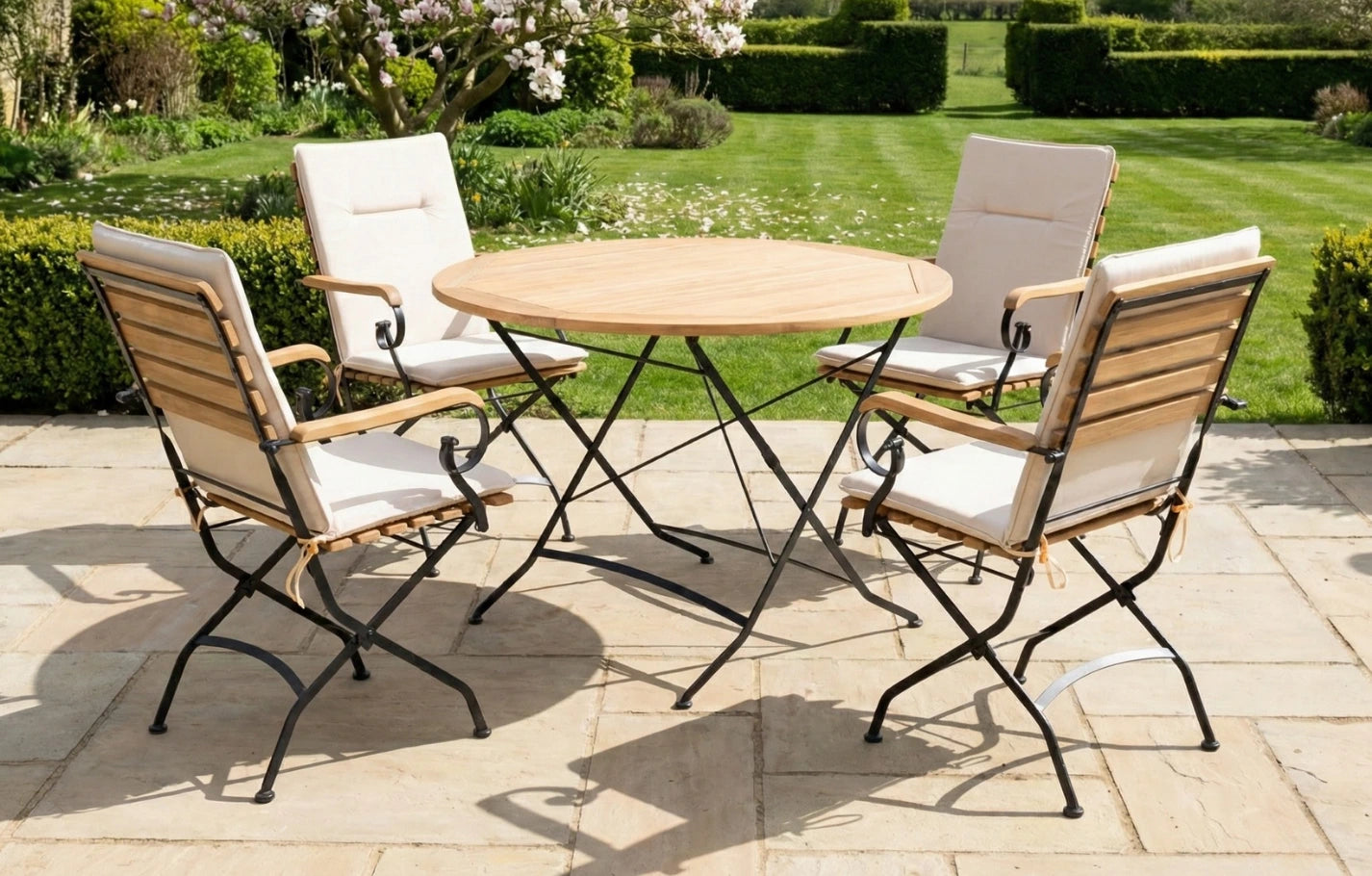 Sicily 4 Seater Teak and Wrought Iron Round 110cm Garden Dining Set - MINT Outdoor