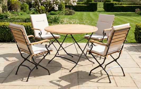 Sicily 4 Seater Teak and Wrought Iron Round 110cm Garden Dining Set - MINT Outdoor