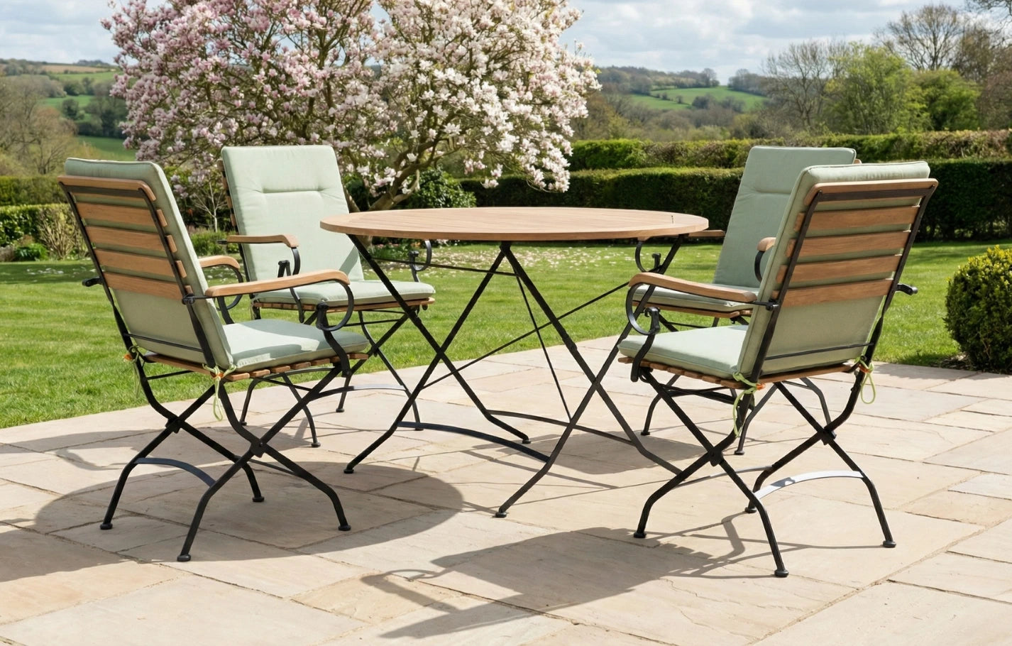 Sicily 4 Seater Teak and Wrought Iron Round 110cm Garden Dining Set - MINT Outdoor