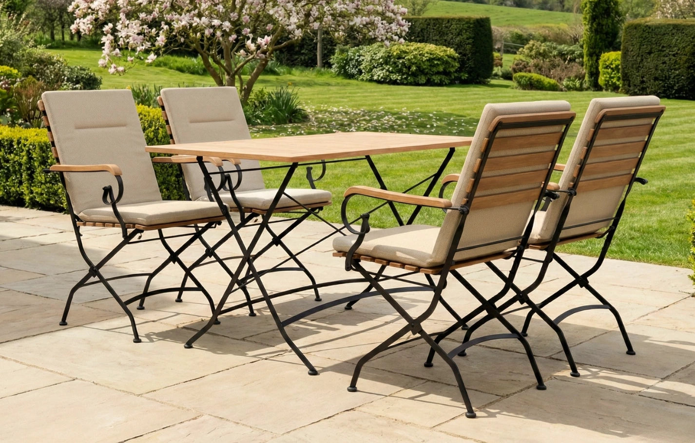 Sicily 4 Seater Teak and Wrought Iron Rectangular 120cm Garden Dining Set - MINT Outdoor