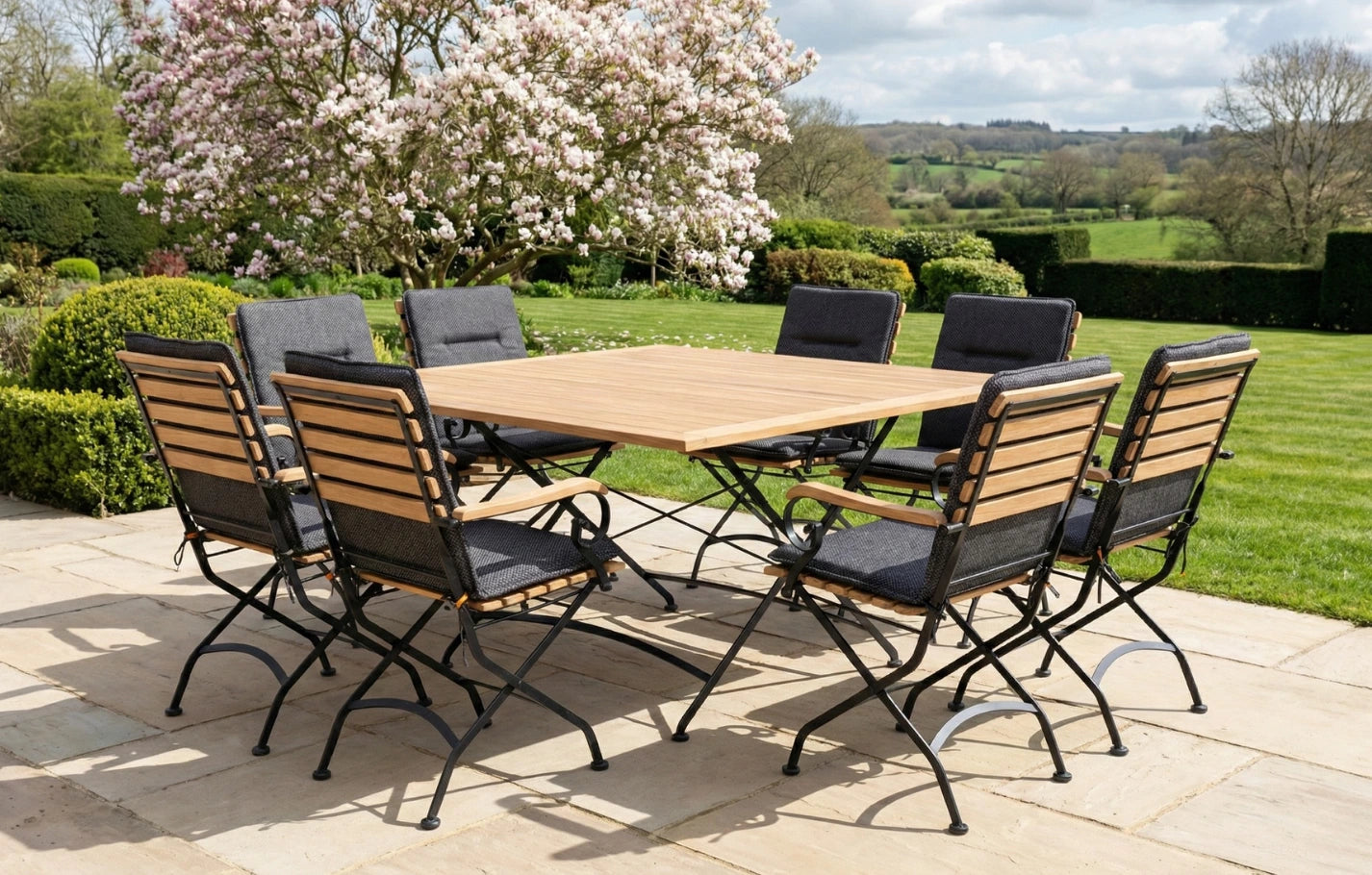 Sicily 8 Seater Teak and Wrought Iron Square 140cm Garden Dining Set - MINT Outdoor