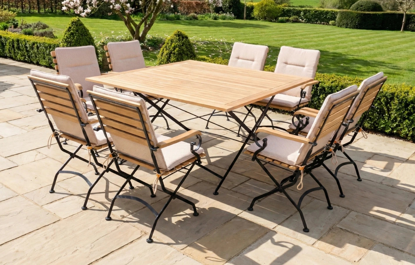 Sicily 8 Seater Teak and Wrought Iron Square 140cm Garden Dining Set - MINT Outdoor