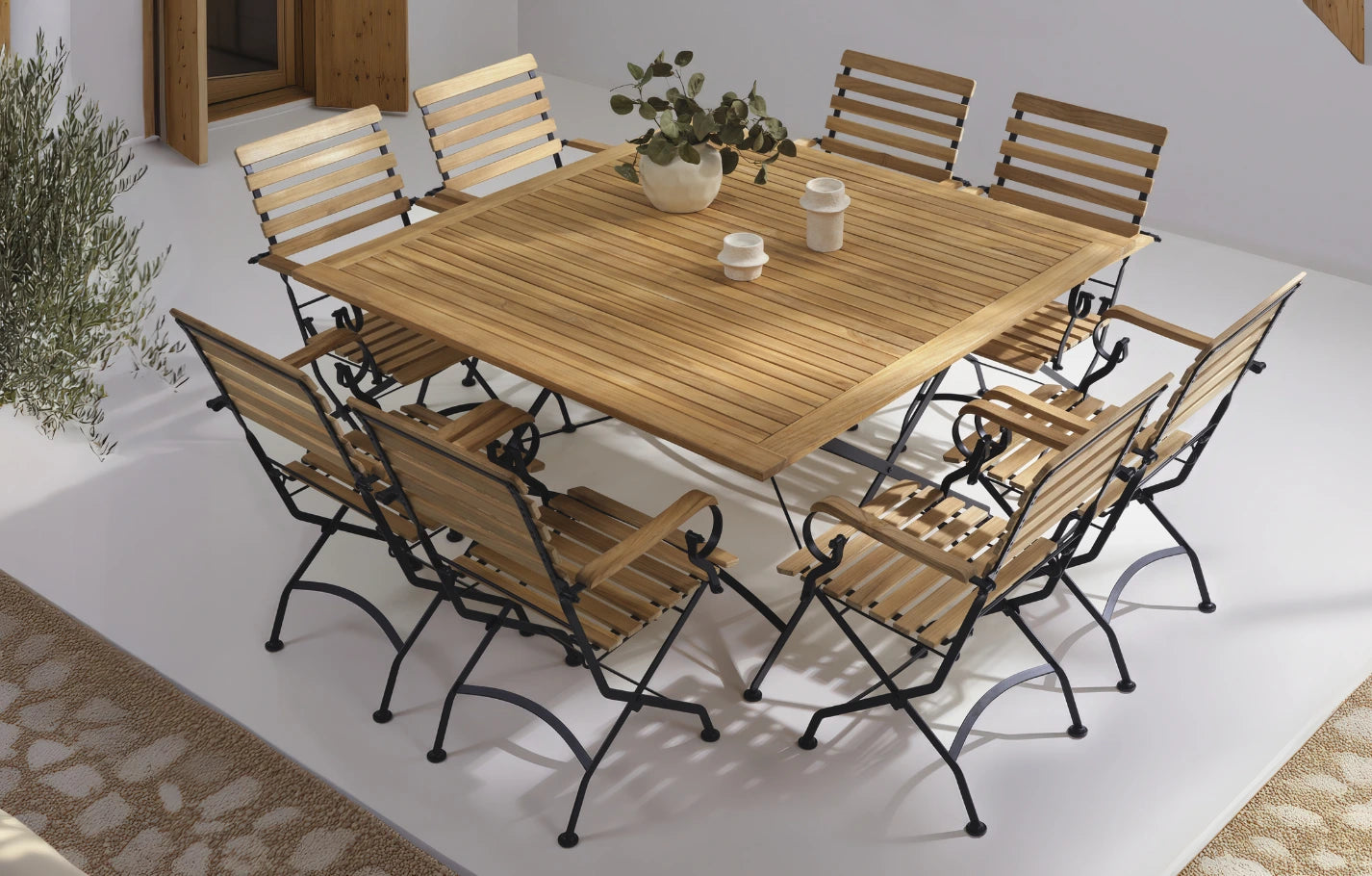 Sicily 8 Seater Teak Wrought Iron Square Garden Dining Set