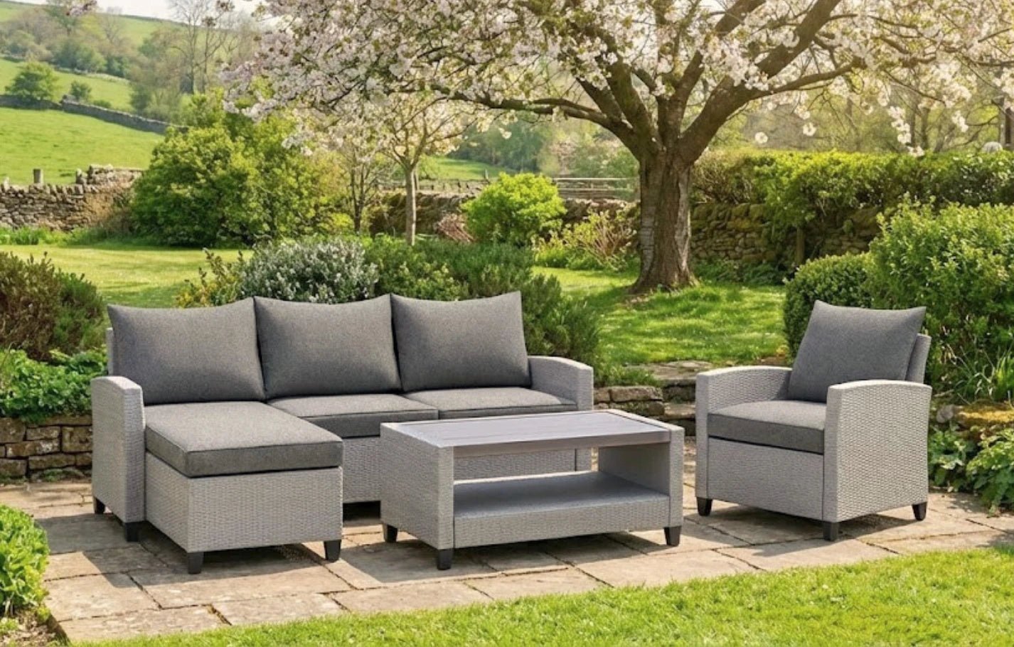 Stockholm Rattan 4 Seater Garden Chaise Lounge & Armchair Set
