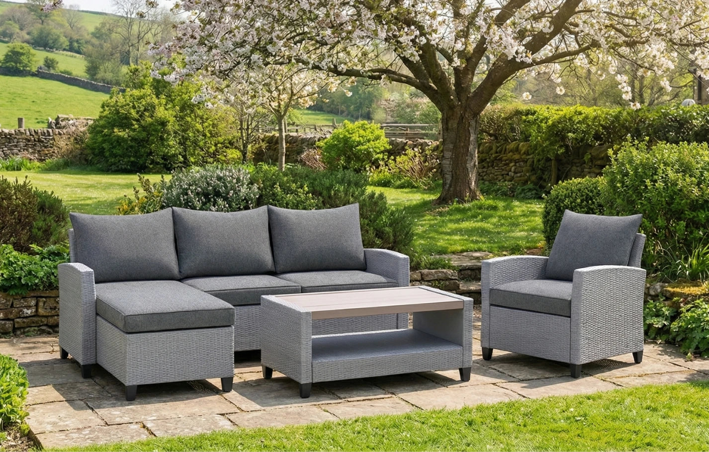 Stockholm Rattan Grey 4 Seater Garden Chaise Lounge Set and Cover Bundle - MINT Outdoor