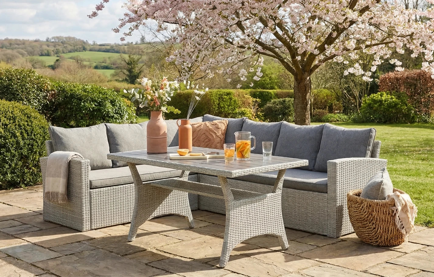 Stockholm 6 Seater Grey Rattan Corner Garden Dining and Lounge Set - MINT Outdoor